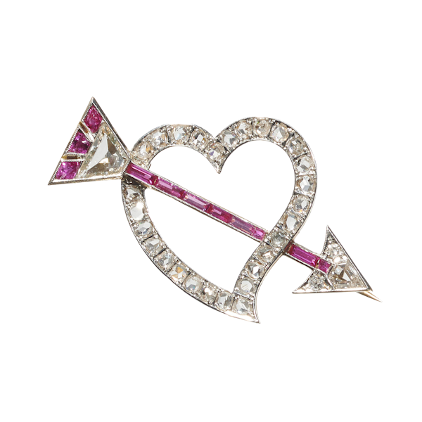 Antique Portuguese Diamond And Ruby Heart And Arrow Brooch, Circa 1930 - image 1