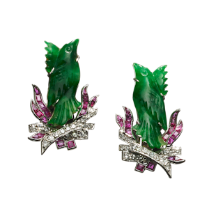 Art Deco Jade, Ruby, Diamond And Platinum Phoenix Earrings, Circa 1920