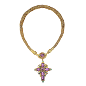 Georgian Cannetille Gold Snake Necklace With Amethyst And Emerald Cross Pendant, Circa 1830