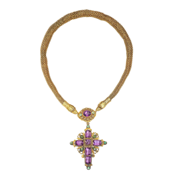 Georgian Cannetille Gold Snake Necklace With Amethyst And Emerald Cross Pendant, Circa 1830 - image 1