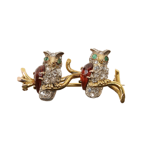 Antique French Double Owl Diamond, Hessonite Garnet, Emerald, Silver And Gold Brooch - image 1