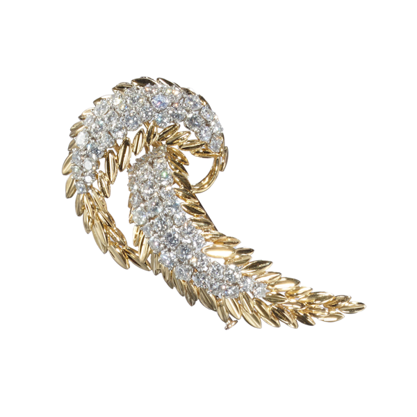 Vintage French Diamond And Gold Abstract Feather Brooch, Circa 1960 - image 1