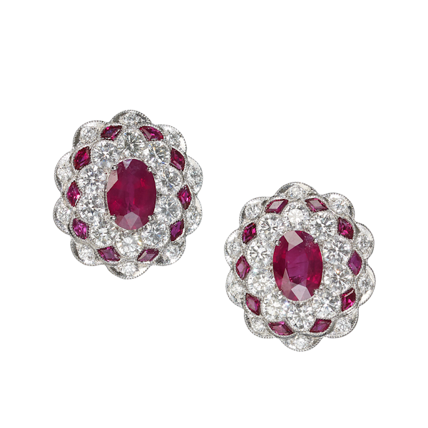 Ruby, Diamond And Platinum Cluster Earrings, 2.71ct - image 1