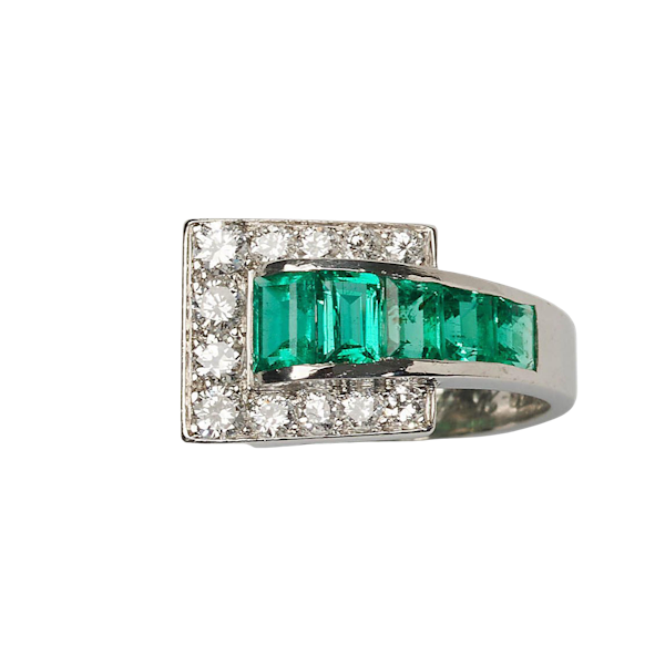 Vintage Tiffany & Co. Emerald Diamond and Platinum Tank Ring, Dated 1940 - image 1