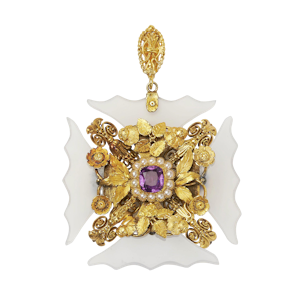 Georgian Chalcedony, Amethyst, Natural Pearl Silver Gilt and Gold Cross Pattée Pendant, 1790 To 1820