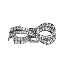French Antique Diamond And Silver Upon Gold Bow Brooch, Circa 1880