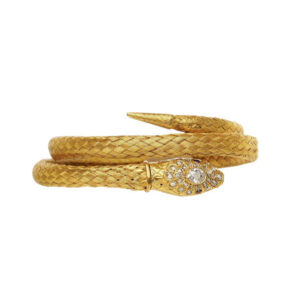 Antique Diamond, Ruby And Woven Gold Snake Bracelet, Circa 1870 - image 1