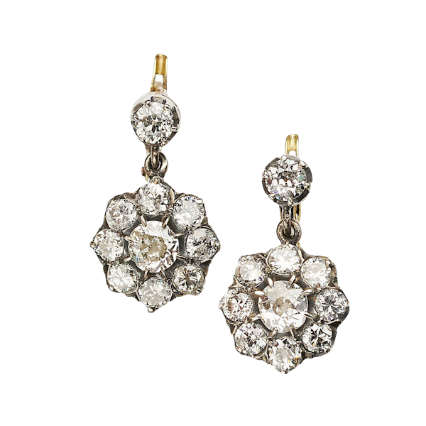 Antique Diamond and Silver Upon Gold Cluster Earrings, Circa 1920, 3.84 Carats - image 1