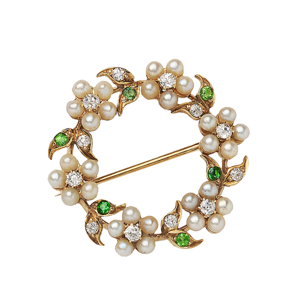 Antique Pearl, Diamond, Demantoid Garnet And Gold Wreath Brooch, Circa 1920 - image 1