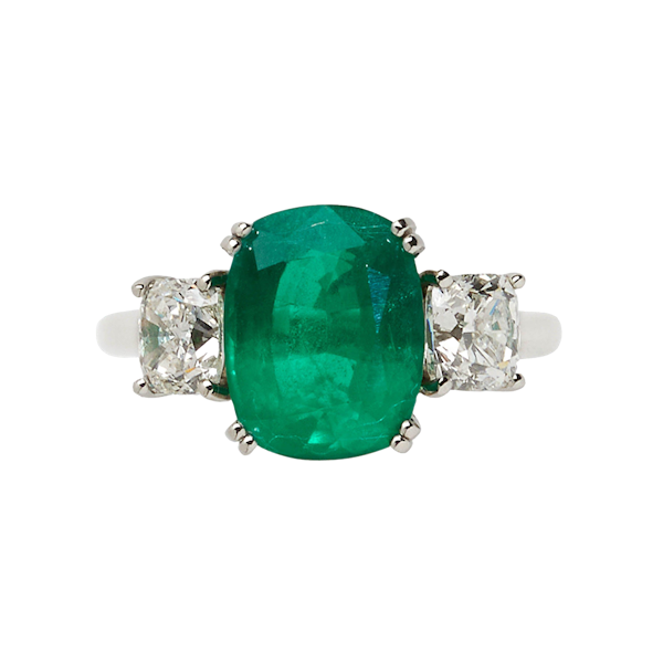 Cushion Emerald And Diamond Three Stone Ring, 5.18ct - image 1