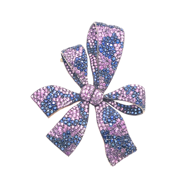 Moira Design Pink and Blue Sapphire Silver and Gold Bow Brooch - image 1