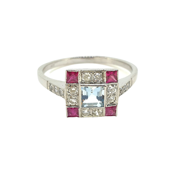 Aquamarine, ruby and diamond ring - image 1