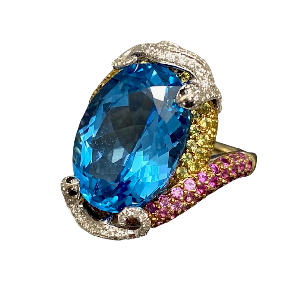 London Blue Topaz Diamond and Pink & Yellow Sapphire Ring in 18ct White Gold date circa 1980, SHAPIRO & Co since1979 - image 1