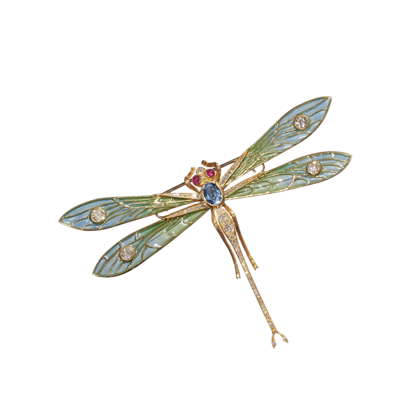 Modern Plique À Jour Enamel, Diamond, Ruby, Sapphire And Gold Dragonfly Brooch - image 1