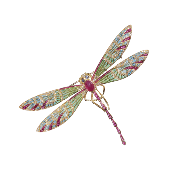 Modern Plique À Jour Enamel, Ruby, Diamond, Sapphire And Gold Dragonfly Brooch - image 1