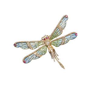Modern Plique À Jour Enamel, Ruby, Diamond And Gold Dragonfly Brooch