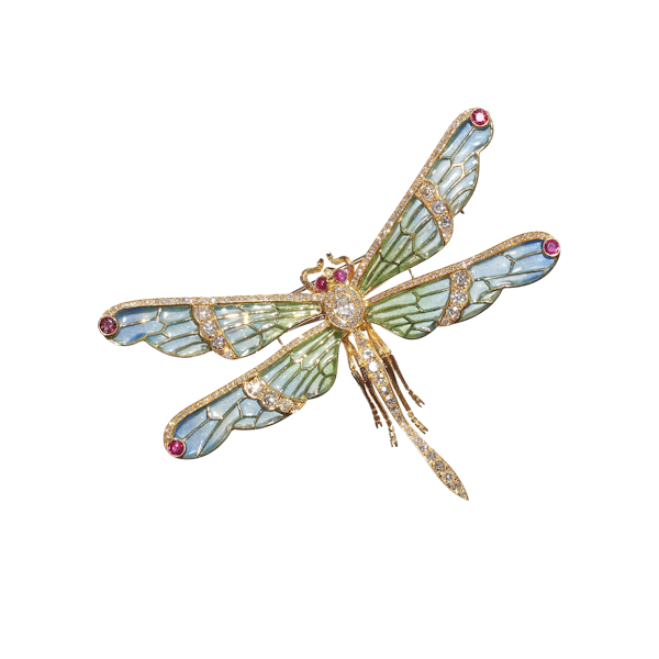 Modern Plique À Jour Enamel, Ruby, Diamond And Gold Dragonfly Brooch - image 1