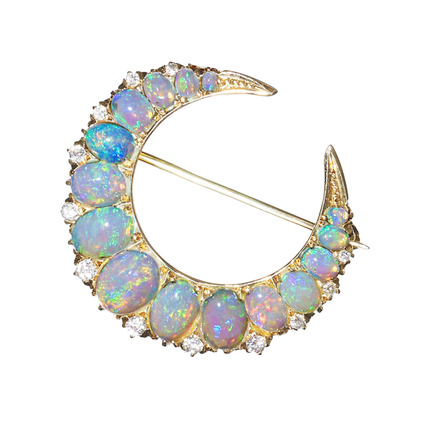 Victorian Opal Diamond and Gold Crescent Brooch, Circa 1880 - image 1