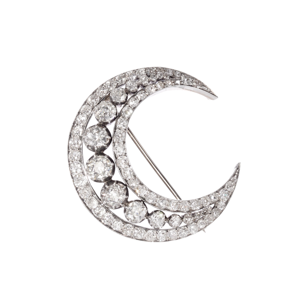 Antique Diamond Silver and Gold Crescent Brooch, Circa 1890, 8.55 Carats - image 1