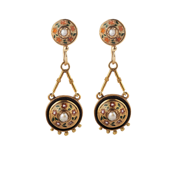 A Pair of Antique Enamel Gold Earrings - image 1