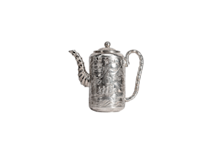 A large Chinese silver coffee pot with repousse decoration depicting scenes relating to the Japanese occupation of Port Arthur following the Russo Japanese war of 1904-05