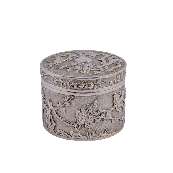 Antique Chinese Silver Circular Box with Lid and Plum Blossom Ornament - circa 1900 - image 1