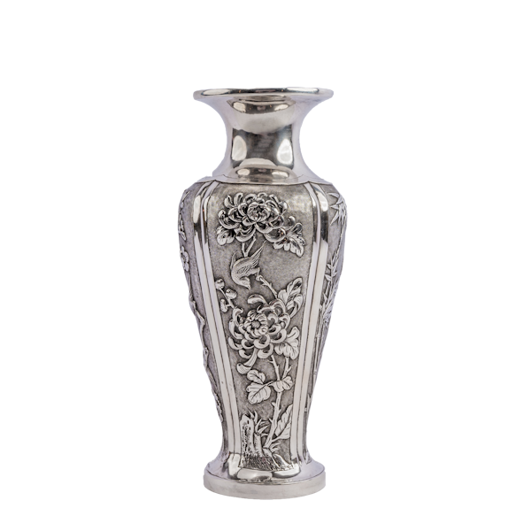 Antique Chinese Silver Vase,  Classic Meiping Shape,  Repousse & Chased Scenic Panels, c.1900 - image 1