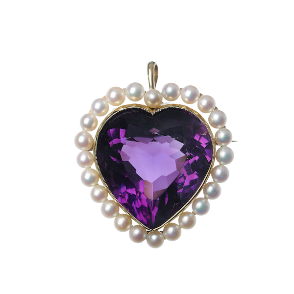 Vintage Amethyst, Cultured Pearl And Gold Heart Brooch Pendant, Circa 1970 - image 1