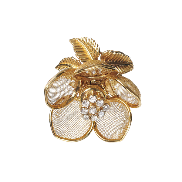 Vintage Merrin French Diamond And Gold Mesh Flower Pendant, Circa 1960 - image 1