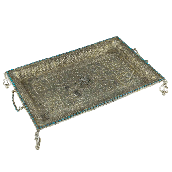 Antique Mughal Silver Gilt Betel Pandan Tray, Turquoise Stones, India – 1750 - image 1
