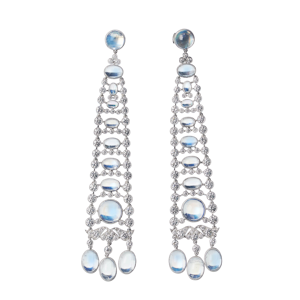 Modern Moonstone, Diamond And Platinum Drop Earrings