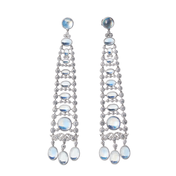 Modern Moonstone, Diamond And Platinum Drop Earrings - image 1