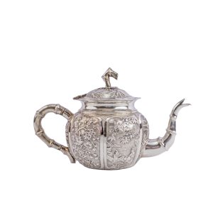 Antique Chinese Silver Teapot with decorative repousse panels and bamboo elements c.1890