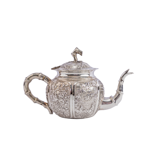 Antique Chinese Silver Teapot with decorative repousse panels and bamboo elements c.1890 - image 8