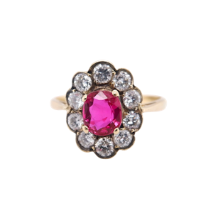 Edwardian ruby and diamond oval and cluster ring