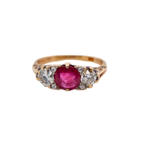 Antique ruby and diamond carved half hoop gold ring