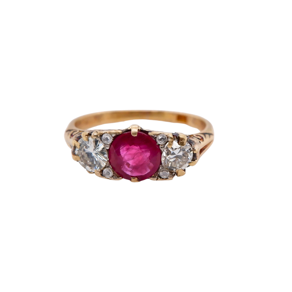 Antique ruby and diamond carved half hoop gold ring - image 1