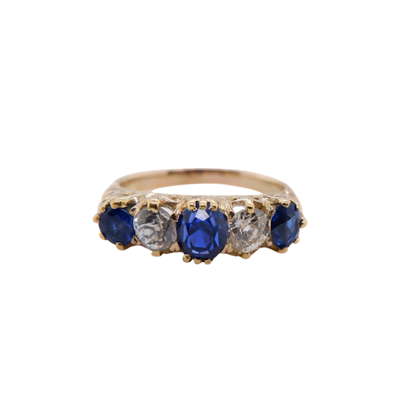 Victorian sapphire and diamond five stone half hoop carved ring - image 1