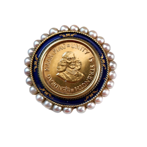 A South African coin (2 rand) surrounded by pearls and  blue enamel and set as a  pendant/brooch