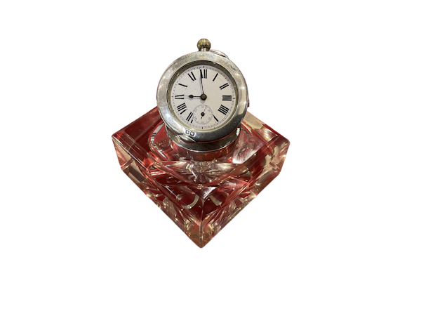 A silver and glass inkwell with a watch inserted - image 1