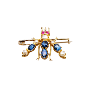 Victorian sapphire, ruby and pearl insect  brooch
