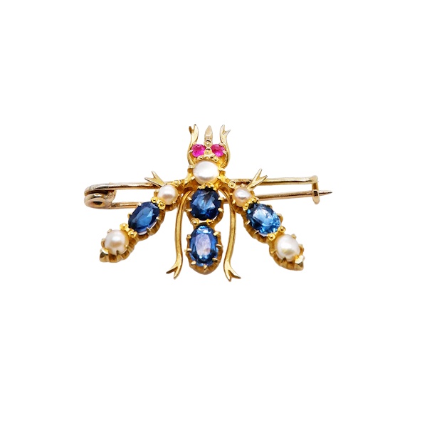 Victorian sapphire, ruby and pearl insect  brooch - image 1