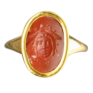 Gold ring with an intaglio of the Gorgon Medusa. Roman, 1st - 2nd century AD.