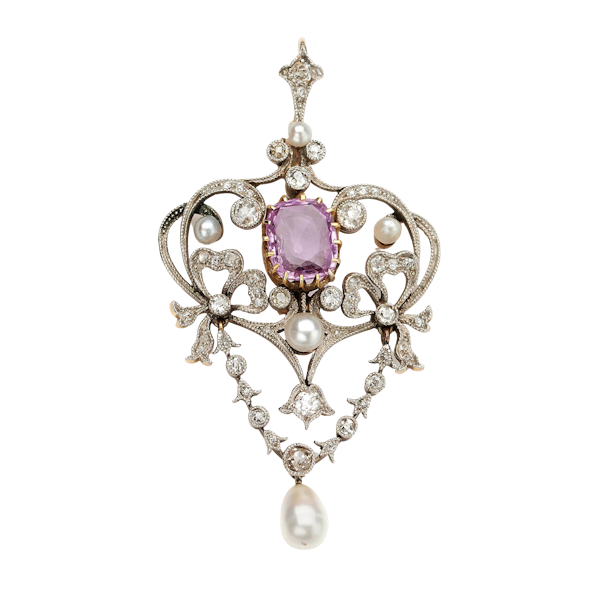 Modern Belle Epoque Style Pink Sapphire, Pearl, Diamond, Silver and Gold Pendant - image 1