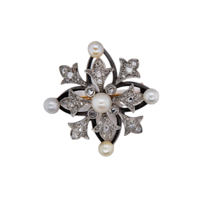 Antique Russian snowflake brooch set with diamonds and pearls