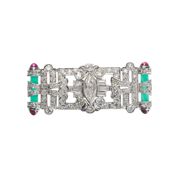 Art Deco Style Diamond, Green Agate, Ruby And Platinum Brooch, 1.95 Carats - image 1