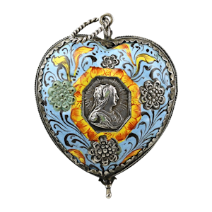 Silver and enamelled pendant in the form of a heart. German, late 17th century.