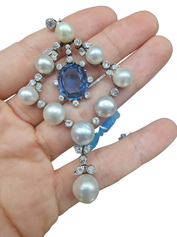 Antique Sapphire & Natural Pearl Pedant - image 1