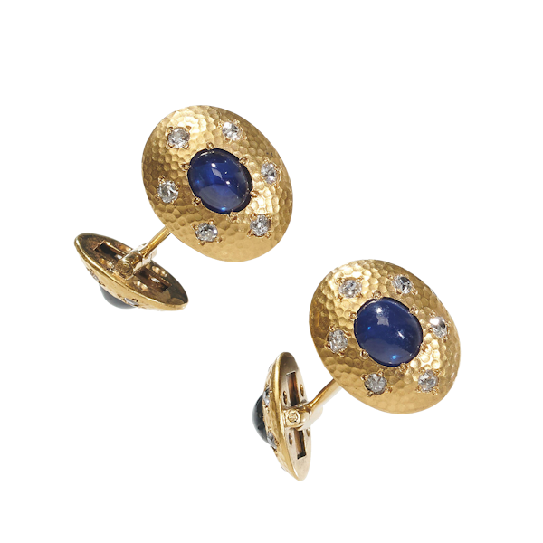 Austrian Sapphire, Diamond And Hammer Finish Gold Cufflinks - image 1