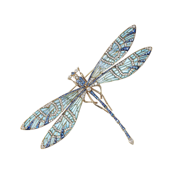 Modern Plique à Jour Enamel, Sapphire, Diamond and Gold Dragonfly Brooch - image 1
